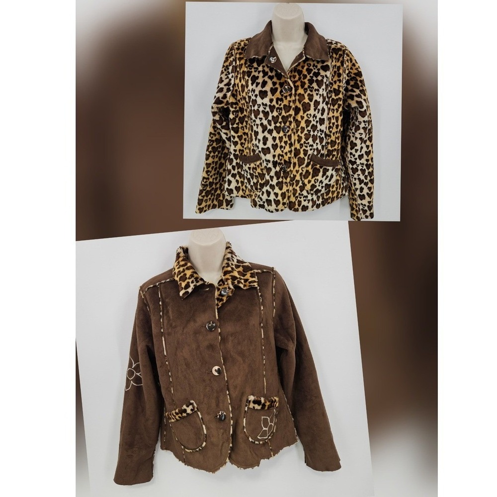 IZ Byer California‎ Jacket Women M Brown Reversible Faux Fur Leopard Suede